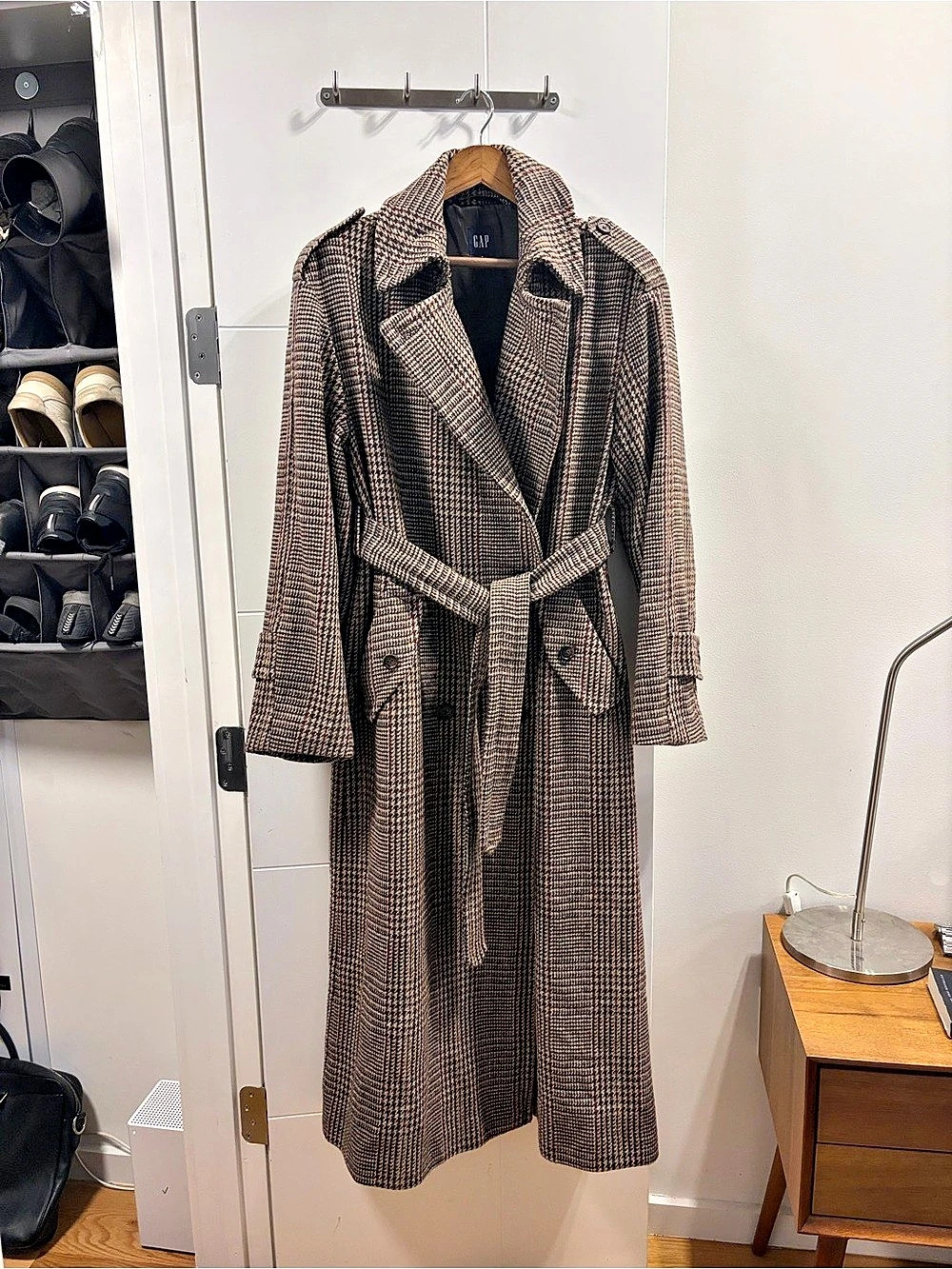 GAP Wool-Blend Plaid Trench Coat Brown & Black Medium